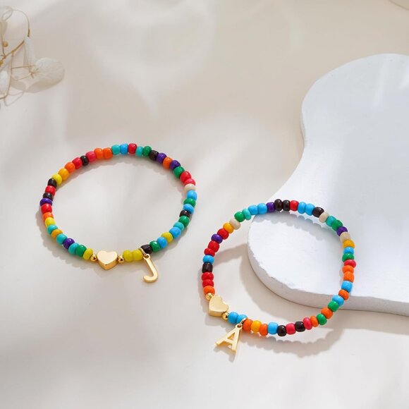 Personalized Colorful Initial Bracelet with Heart - 6" Stretchy Beaded Charm - Picture 5 of 7